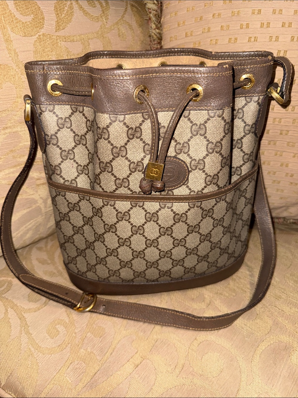 Vintage Gucci GG Supreme Drawstring Bucket Bag 1980s preloved